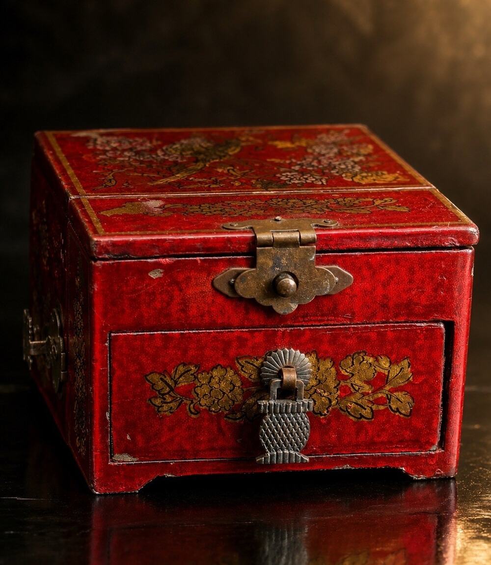 Vtg Chinese Red Lacquer Jewelry Box Mirror Drawer Calligraphy Bird Floral Gold